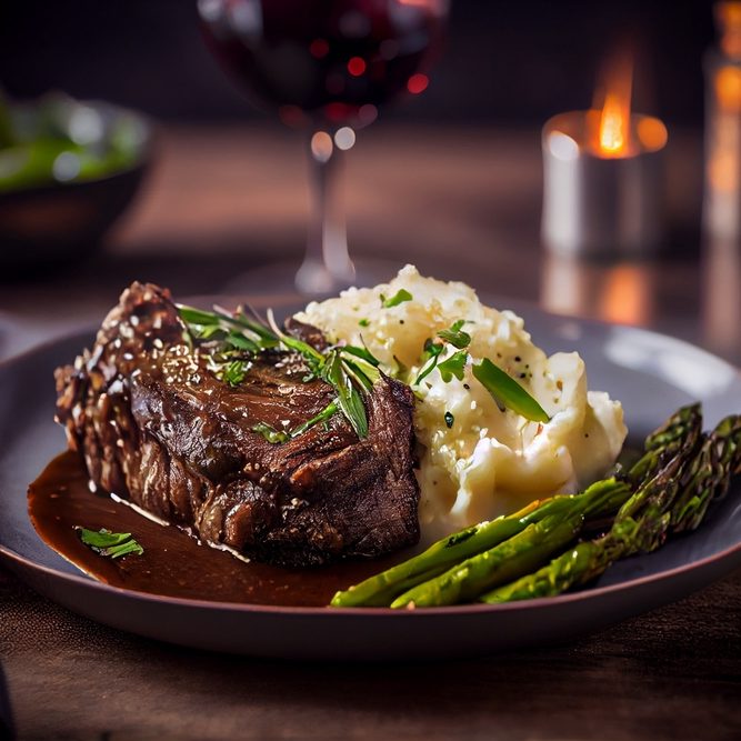 Rib,Eye,Steak,With,Mashed,Potatoes,And,Asparagus,On,A